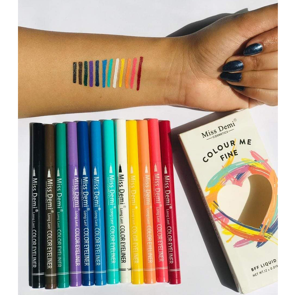 Miss Demi Pack of 12 Waterproof Colorful Liquid Eyeliner Markers – Smudge-Proof & Quick-Dry