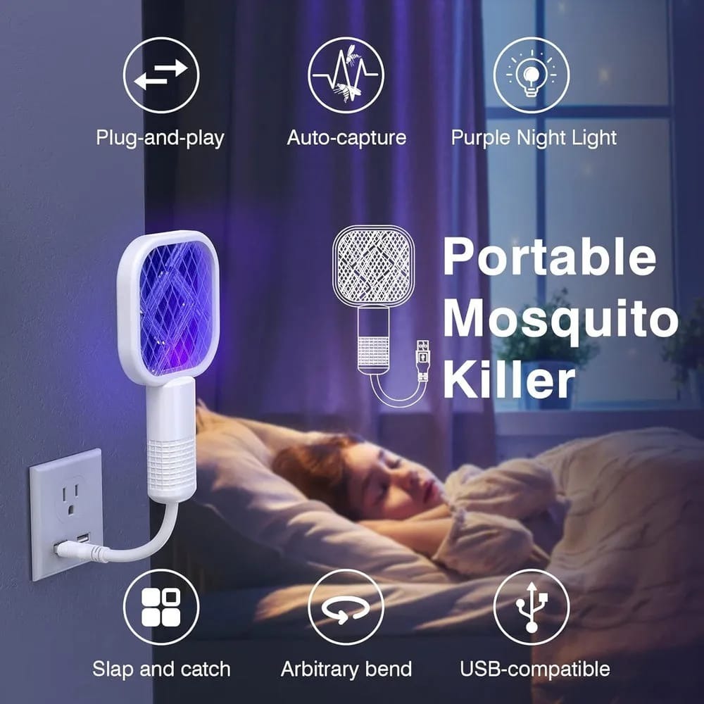 Mini USB Rechargeable Mosquito Racket With UV Light – Portable Electric Bug Zapper & Fly Swatter