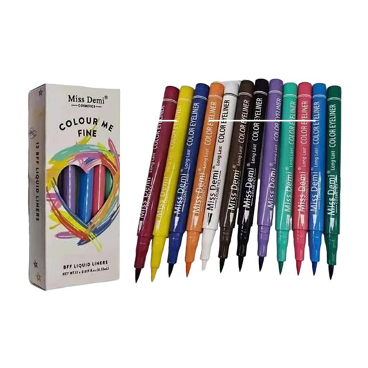 Miss Demi Pack of 12 Waterproof Colorful Liquid Eyeliner Markers – Smudge-Proof & Quick-Dry