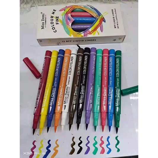 Miss Demi Pack of 12 Waterproof Colorful Liquid Eyeliner Markers – Smudge-Proof & Quick-Dry
